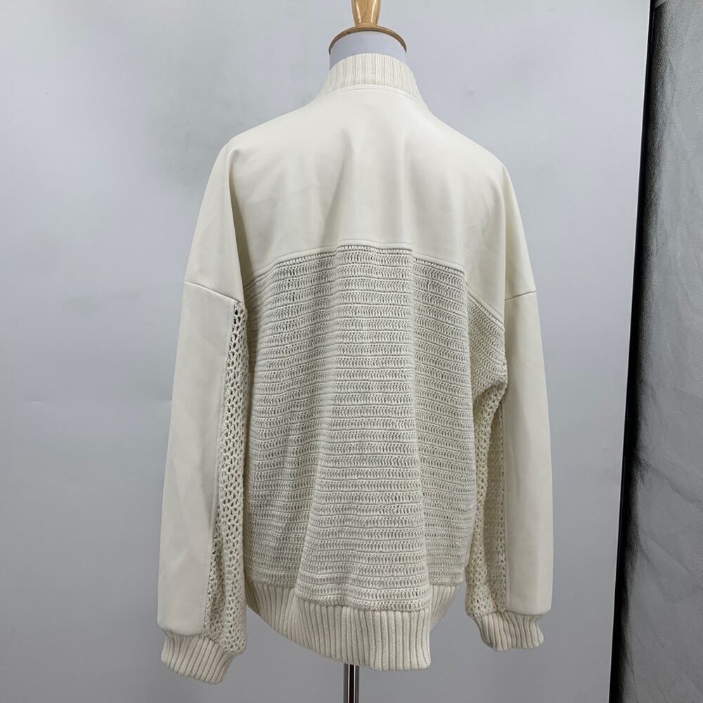 Anthropologie Cardigan Womens M Medium Cream Crochet Bomber Faux Leather Panels - Picture 7 of 14